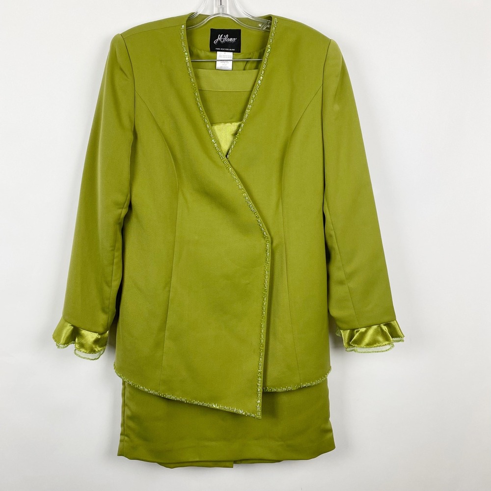 Milano‎ Beaded Ruffle Cuff 2 Piece Skirt Suit Set Womens 12 Green Formal Wedding
